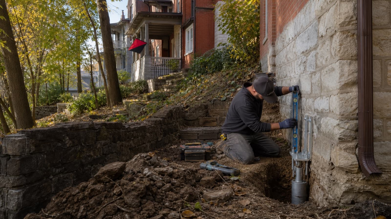 Technician checking foundation stabilization hardware beside a limestone and brick home on a Cincinnati hillside